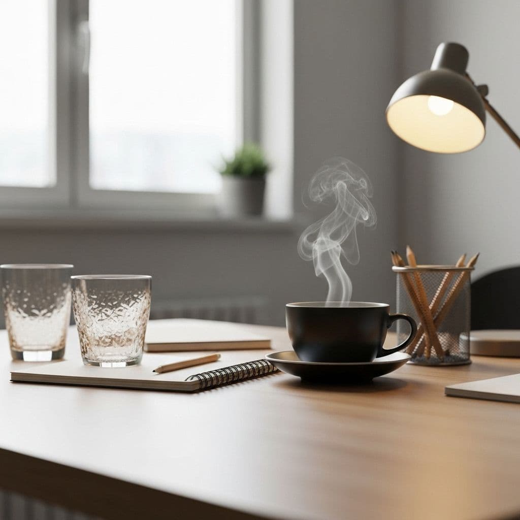 Taza de café, anteojos y cuaderno en escritorio de trabajo